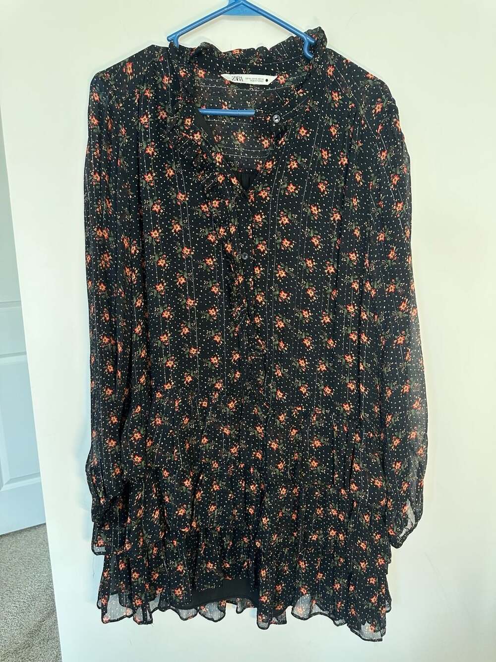 Zara Black Floral Print Long Sleeve Ruffled Tiered Chiffon Dress XL